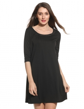 

Black New Women Casual O-Neck Half Sleeve Solid Beading Loose Dress, Multicolor