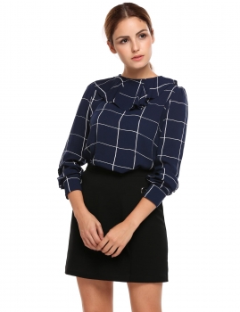 

Blue Plaid Ruffled Collar Long Sleeve Blouse, Multicolor