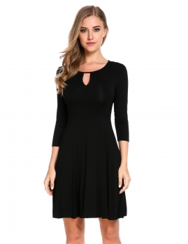 

Black 3"4 Sleeve Keyhole Solid Slim Fit and Flare Casual Dress, Multicolor