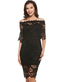 

Black Women Casual Half Sleeve Lace Floral Off the Shoulder Slim Pencil Dress, Multicolor