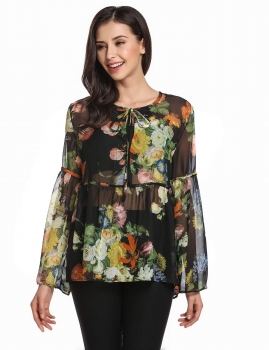 

Black Flare Sleeve Floral Print Pullover Casual Sheer Chiffon Blouse, Multicolor