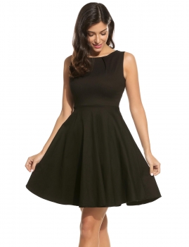 

Women Vintage Style O-Neck Sleeveless Solid Swing Dress, Multicolor