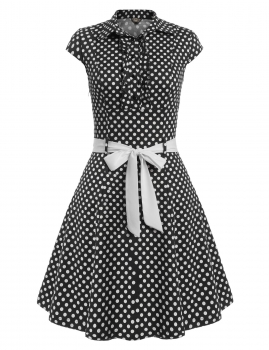 

Black Women Vintage Style Turn Down Collar Cap Sleeve High Waist Polka Dot A-Line Swing with Belt Casual Dresses, Multicolor