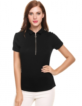 

Black Zipper Collar Side Pleated Solid Short Sleeve Slim Pullover T-Shirts, Multicolor