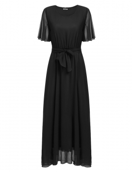 

Black Ruffle Sleeve Solid Flare Maxi Chiffon Dress, Multicolor