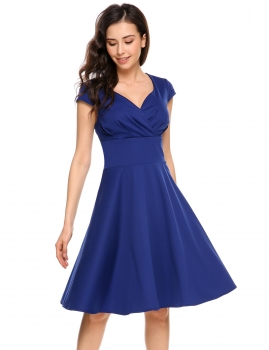 

Blue V-Neck Cap Sleeve Vintage Style Swing Dress, Multicolor