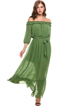 

Green Ruffles Off Shoulder 3"4 Sleeve Chiffon Split Beach Casual Dress, Multicolor