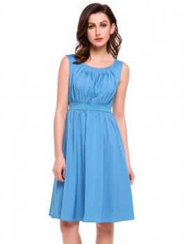 

Blue O-Neck Sleeveless Solid Back Zipper Pleated Dress, Multicolor