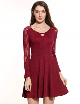 

Dark red Women Casual O-Neck Long Sleeve Lace Patchwork Hollow Out Pleated Pullover Elastic Dress, Multicolor