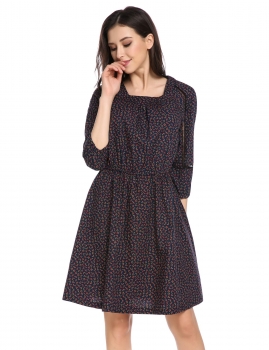 

Blue Square Neck 3"4 Sleeve Floral Print Casual Dress, Multicolor