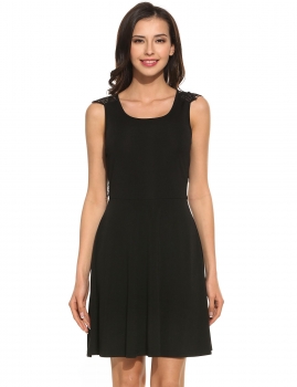 

Women Sexy O-Neck Sleeveless Back Lace Patchwork Hollow Out Tank Tunic Elastic Pleated Dress, Multicolor