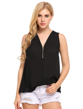 

Black V-Neck Solid Sleeveless Front Zip Chiffon Tank Tops, Multicolor