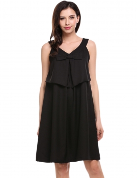

Black Sleeveless Solid V Neck Pullover Evening Party A-Line Dress, Multicolor