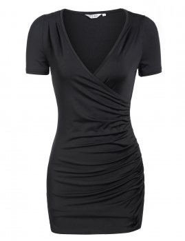 

Black Crossing V-Neck Short Sleeve Side Pleated Tunics, Multicolor