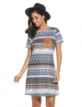 

Blue Women Casual O-Neck Short Sleeve Print Loose Mini Dress, Multicolor