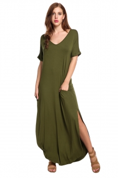 

Army green V-Neck Short Cuffed Sleeve Solid Elastic Side Split Knit Casual Dress, Multicolor