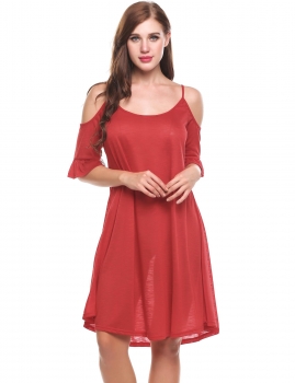 

Red O-Neck Half Flare Sleeve Cold Shoulder A-Line Hem Spaghetti Straps Casual Dress, Multicolor