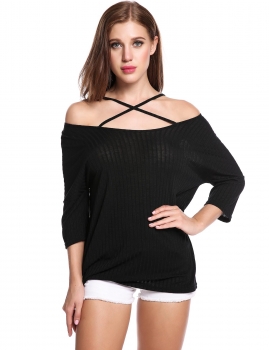 

Black Three Quarter Sleeve Front Cross Adjustable Spaghetti Straps Knit Top, Multicolor