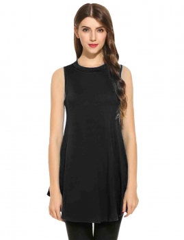 

Black Women O-Neck Sleeveless Solid Casual Loose Fit Swing Tunic Top, Multicolor