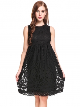 

Black Sleeveless Empire Waist Scalloped Trim Lace Dress, Multicolor