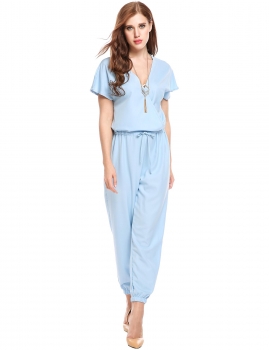 

Blue V Neck Short Batwing Sleeve Solid Loose Jumpsuit, Multicolor