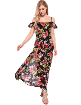 

Casual Slash Neck Off Shoulder Backless Floral Prints Side Split Maxi Dress, Multicolor