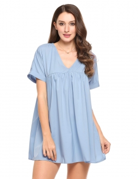 

Blue Solid V-Neck Shot Sleeve Pleated Loose Mini Dress, Multicolor