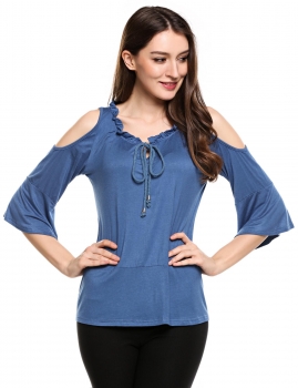 

Blue 3"4 Flare Sleeve Cold Shoulder Ruffled Solid Tops, Multicolor
