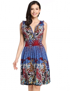 

Blue Vintage Style Low-cut V-neck Printed Sundresses, Multicolor