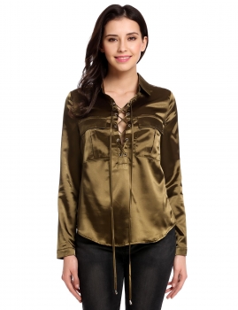 

Army green Lace Up Turn Down Collar Long Sleeve Pullover Pocket Solid Shirt, Multicolor