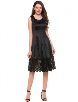 

Black O-Neck Sleeveless Tunic A-Line Pleated Lace Hollow Out Hem Tank Dress, Multicolor