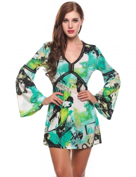 

Green V-Neck Flare Sleeve Print Hollow Lace Mini Tunic Casual Dress, Multicolor