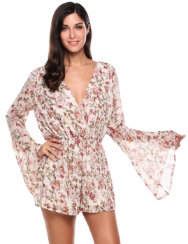 

Beige V-Neck Long Flare Sleeve Elastic Waist Romper, Multicolor