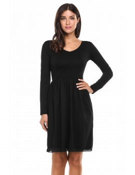 

Black V-Neck Long Sleeve Lace Trim Solid Casual Dress, Multicolor