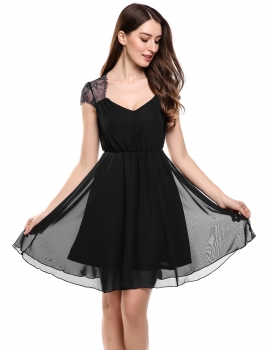 

Black Cap Sleeve Lace Patchwork Chiffon Bridesmaid Dresses, Multicolor