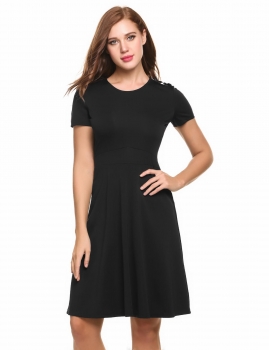 

Black Short Sleeve Solid Shoulder Button Fit And Flare Work Dress, Multicolor