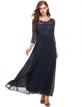 

Dark blue 3"4 Sleeve Lace Patchwork O Neck Wedding Bridesmaid Dresses, Multicolor