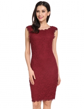 

Wine red Sleeveless Lace Patchwork O Neck Pullover Pencil Dress, Multicolor