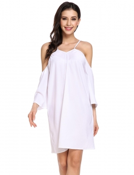 

White Elegant Cold Shoulder Flare Sleeve Loose Mini Dress, Multicolor