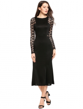 

Black Floral Lace Patchwork Long Sleeve Evening Dress, Multicolor