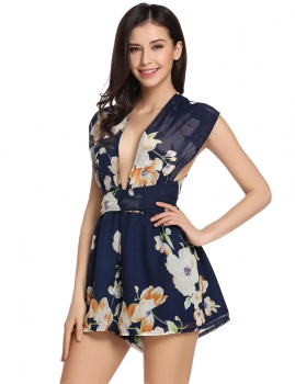 

Dark blue V-Neck Bandage Floral Print Chiffon Romper, Multicolor