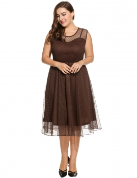 

New Women Casual O-Neck Sleeveless Net Yarn Ruched A-Line Plus Size Tank Dress with Lining, Multicolor