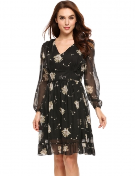 

Black V-Neck Long Sleeve Prints A-Line Pleated Hem Chiffon Dress, Multicolor