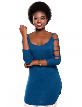 

Blue Round Neck 3"4 Sleeve Loose Hollow Out Shoulder Tops, Multicolor