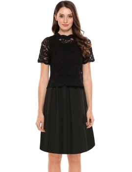 

Black Solid Sleeveless A Line Dress with Hollow Lace Blouse Set, Multicolor