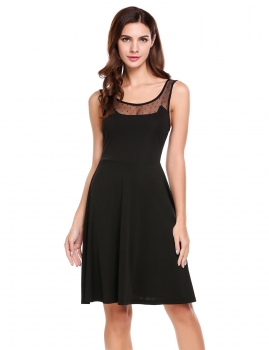 

Black O-Neck Sleeveless Mesh Patchwork Elastic A-Line Casual Dress, Multicolor
