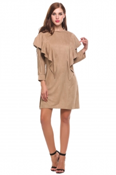 

Apricot Casual O-Neck Long Sleeve Solid Button Pullover Loose Dress, Multicolor