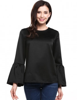 

Black Flare Sleeve O Neck Back Zipper Solid Blouse Tops, Multicolor