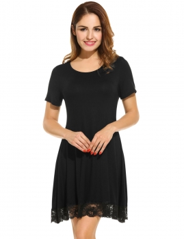 

Women O-Neck Short Sleeve Loose Lace Trim Casual Tunic Dress, Multicolor
