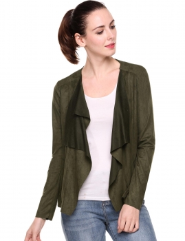 

Army green Turn Down Collar Vintage Lightweight Open Stitch Faux Suede Coat, Multicolor